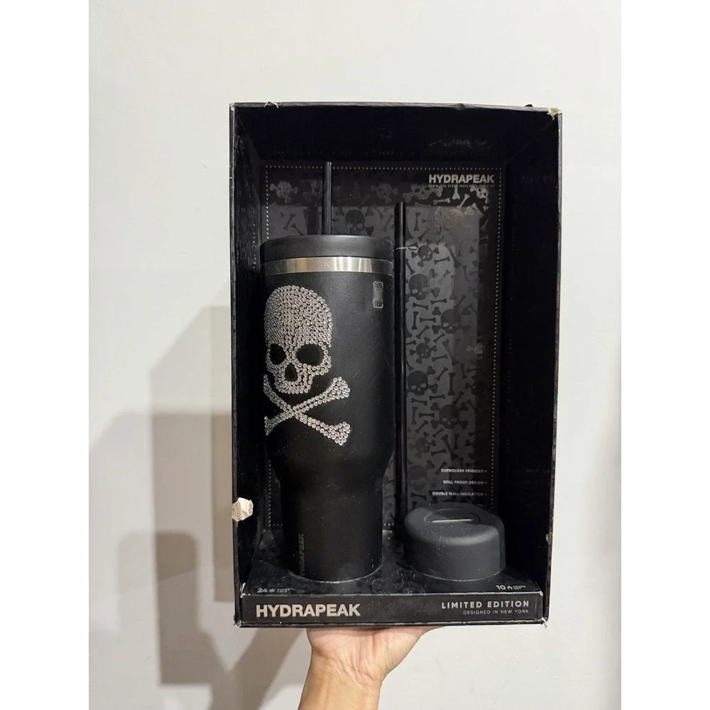Hydrapeak 40oz Halloween Bling Skull Black Stainless Steel Tumbler New Damaged